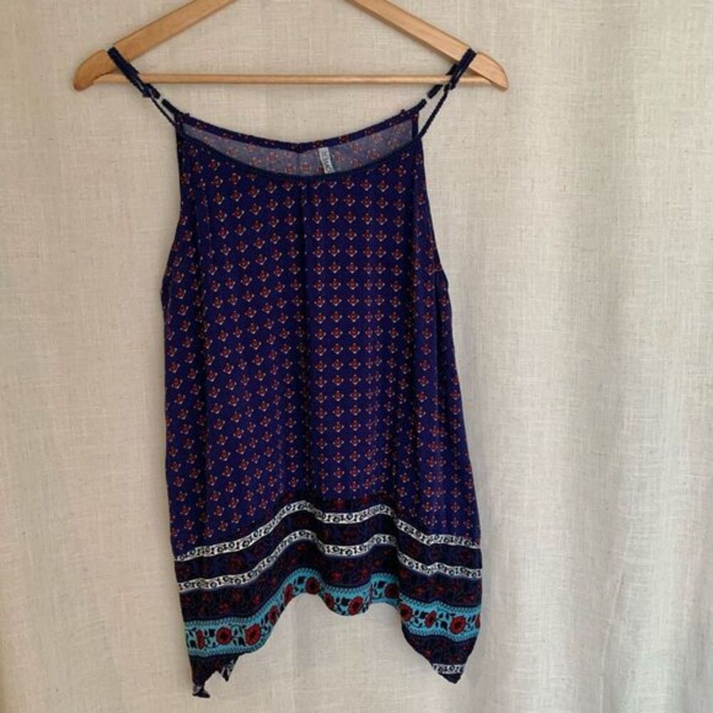 Wallflower Y2K Asymmetric Floral Tank Womens L  Navy Rope Straps Boho Hippie‎
